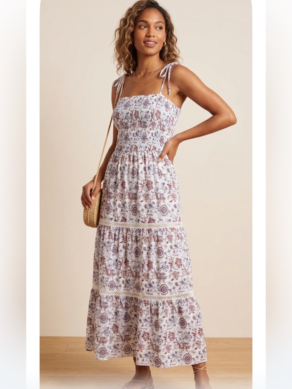 Roller Rabbit x target Floral Tie-Shoulder Maxi Dress in White and Mauve NWT